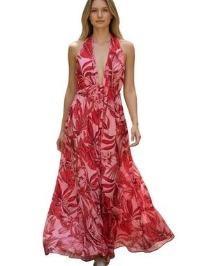 SHEIN Pink and Red Tropical Halter Maxi Dress